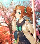  bag blue_eyes brown_hair cherry_blossoms coat crumbs eating finger_to_mouth fish food frog hair_ribbon hitoto idolmaster licking lips musical_note ribbon satchel school_uniform serafuku solo taiyaki takatsuki_yayoi tongue tree twintails wagashi 