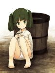  barefoot blush bucket child chopsticks eating food green_eyes green_hair hair_bobbles hair_ornament japanese_clothes kimono kisume panties pantyshot pantyshot_(sitting) pantyshot_sitting revision short_hair sitting smile solo tofu touhou twintails underwear urin white_panties 