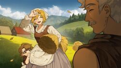  1boy 2girls arm_up blonde_hair blunt_bangs brown_eyes brown_hair child closed_eyes dirty dirty_clothes dirty_face facial_hair facing_viewer haystack hiding hiding_behind_another highres holding leclle long_sleeves looking_at_another multiple_girls mustache official_art old old_man open_mouth outdoors rose_fryberg smile spoilers standing sweatdrop swept_bangs volcano_princess white_hair 