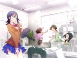  4girls akizuki_ryou blazer blush crossdressinging dress hidaka_ai idolmaster idolmaster_dearly_stars long_hair mizutani_eri multiple_girls okamoto_manami open_mouth outstretched_hand paper reaching riyo_(riyontoko) school_uniform short_hair silhouette skirt smile sweatdrop trap 