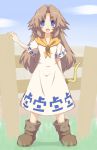  blue_eyes blush bow_(weapon) brown_hair chikyuujin_a dress fence long_hair majora's_mask malon nintendo open_mouth pointy_ears romani smile solo the_legend_of_zelda weapon 