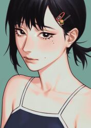  1girl black_hair chainsaw_man collarbone competition_swimsuit higashiyama_kobeni highres koro_dou lips looking_at_viewer nose one-piece_swimsuit portrait realistic simple_background swimsuit tagme 