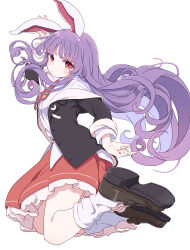  1girl absurdres animal_ears black_jacket blush brown_shoes carrot_pin closed_mouth commentary full_body highres jacket kame_(kamepan44231) long_hair long_sleeves looking_at_viewer necktie open_clothes open_jacket pink_skirt pleated_skirt purple_hair rabbit_ears rabbit_girl red_eyes red_necktie red_skirt reisen_udongein_inaba shirt shoes simple_background skirt socks solo touhou white_background white_shirt white_socks 