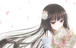  black_hair bouquet eyelashes flower hair_flower hair_ornament hiroharu japanese_clothes kimono long_hair original petals red_eyes solo wind 