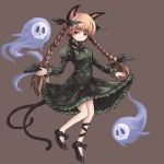  animal_ears bow braid brown_eyes brown_hair cat_ears cat_tail dress extra_ears flaming_skull green_dress hair_bow hair_ribbon highres kaenbyou_rin long_hair multiple_tails pointy_ears ribbon shoes skull solo tail touhou twin_braids wasabi_karasi 