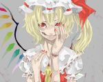  blonde_hair creepy crystal dress flandre_scarlet frea glasgow_smile grey_background hand_on_own_face hat red_eyes scar side_ponytail single_wing smile solo stitches the_embodiment_of_scarlet_devil touhou wings 