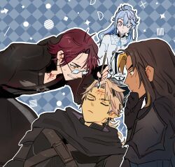  4boys armor black_gloves black_scarf blue_hair brown_hair checkered_background crimzon_ruze dark-skinned_male dark_skin eyepatch fingerless_gloves flower_eyepatch forehead_writing glasses gloves goldbullet goldbullet_(2nd_costume) highres holoarmis holostars holostars_english inchells jurard_t_rexford long_hair male_focus multiple_boys octavio octavio_(2nd_costume) outline paintbrush pointy_ears ponytail red_hair scarf sleeping sweat tic-tac-toe virtual_youtuber white_outline 