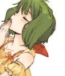  bare_shoulders closed_eyes eyes_closed green_hair hands_over_mouth macross macross_frontier pepulong ranka_lee simple_background solo white_background 