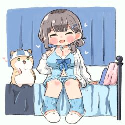  1girl blush breasts chibi dan'in-san_(shirogane_noel) food grey_hair ham hamster highres hololive jkbakabaka looking_at_viewer official_alternate_costume shirogane_noel smile solo virtual_youtuber 