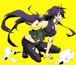  bare_shoulders explosive eyepatch grenade kneeling long_hair mirai_nikki purple_eyes purple_hair simple_background smoke solo torn_clothes uryuu_minene vest violet_eyes yellow_background 