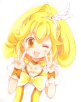  blonde_hair blush chibitan choker cure_peace double_v dress hair_ornament kise_yayoi long_hair magical_girl open_mouth precure smile smile_precure! solo v white_background wink wrist_cuffs yellow_dress yellow_eyes 