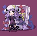  adapted_costume book boots bow breasts cape checkered chibi cleavage crescent hair_bow hat long_hair open_mouth patchouli_knowledge purple_background purple_eyes purple_hair ribbon simple_background solo touhou very_long_hair yamane_masato 