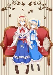  :o alice_margatroid alice_margatroid_(pc-98) armband blonde_hair blue_dress blue_eyes blush boots bow butterfly buttons capelet couch daisy dress dress_shirt dual_persona flower frills grey_background hair_ribbon hairband hand_on_thigh leaf locked_arms long_sleeves looking_at_another multiple_girls nanatuki13 open_hand pantyhose pillow ribbon sash shirt short_hair simple_background sitting smile striped striped_background suspenders time_paradox touhou touhou_(pc-98) 