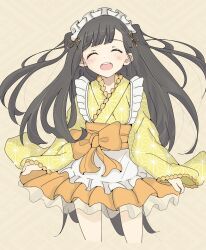  1girl apron closed_eyes commentary_request frilled_apron frilled_kimono frills highres japanese_clothes kimono long_hair maid maid_apron maid_headdress make_heroine_ga_oo_sugiru! nukumizu_kaju solo sora_(85084118) summer_uniform wa_maid white_apron yellow_kimono 