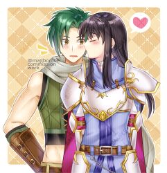  1boy 1girl armor arms_behind_back astrid_(fire_emblem) belt black_hair blush breastplate closed_eyes commission commissioner_upload couple fire_emblem fire_emblem:_radiant_dawn green_hair green_vest heart hetero highres kiss looking_to_the_side maji_(majibomber) non-web_source open_mouth pauldrons shirt shoulder_armor sleeveless sleeveless_shirt sothe_(fire_emblem) spoken_heart surprise_kiss surprised upper_body vest vgen_commission 