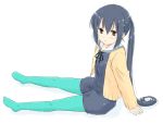  aqua_legwear black_hair blush brown_eyes cardigan k-on! k-on!_movie long_hair looking_at_viewer nakano_azusa pantyhose sitting solo takahashi_mugi 