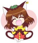 :d ^_^ animal_ears bow brown_hair cat_ears cat_tail chen chibi closed_eyes eyes_closed fang hat jewelry multiple_tails nagamo_sakana open_mouth single_earring smile solo tail touhou 