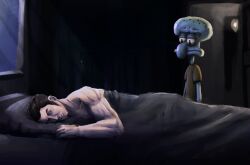  2boys bare_arms bare_shoulders bed black_hair blanket bodko_(comradebodko) crossover facial_hair indoors kiryu_kazuma male_focus meme multiple_boys nickelodeon on_bed ryuu_ga_gotoku_(series) sega spongebob_squarepants spongebob_squarepants_(series) squidward_tentacles window yakuza 