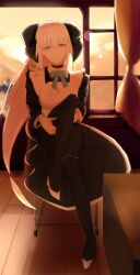  1girl absurdres black_thighhighs blue_eyes breasts dress fate/grand_order fate_(series) full_body highres long_hair long_sleeves looking_at_viewer maid morgan_le_fay_(fate) skirt smile solo sunset table thigh-highs white_hair 