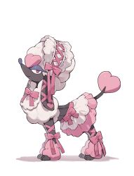  animal_focus bonnet bow closed_mouth dog full_body furfrou furfrou_(heart) heart highres looking_at_viewer moufuillust no_humans pink_bow pokemon pokemon_(creature) pokemon_focus red_eyes simple_background smile snout white_background white_bonnet white_fur 