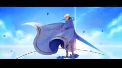  1boy armored_boots blonde_hair blue_butterfly blue_sky boots bug butterfly cape closed_mouth clouds from_behind full_body holding holding_polearm holding_weapon lance letterboxed male_focus official_alternate_costume polearm ragnarok_online royal_guard_(ragnarok_online) short_hair sky smile solo standing wane_(ruki) weapon white_cape 