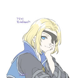  1boy artist_name blonde_hair blue_eyes character_name copyright_name eald'narche eyepatch final_fantasy final_fantasy_xi hand_on_own_chin head_rest highres looking_to_the_side male_focus saku_ff11 short_hair simple_background sketch smile solo upper_body white_background 