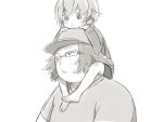  age_difference barefoot carrying child father_and_daughter glasses hashida_itaru hat monochrome piggyback short_hair shoulder_carry spoilers steins;gate young zipon 