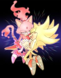  1boy 1girl animal_ears blaze_the_cat burning_blaze cat_ears cat_girl cat_tail forehead_jewel furry furry_female furry_male gloves highres holding_hands jacket open_mouth pink_fur pink_shoes ponytail red_jacket red_shoes shoes smile sonic_(series) sonic_rush sonic_rush_adventure sonic_the_hedgehog super_sonic tail yellow_eyes yellow_fur yeonwu08 