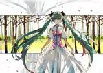  absurdres dress green_eyes green_hair hatsune_miku highres long_hair petals saberiii skirt_hold smile solo tree twintails very_long_hair vocaloid 