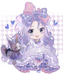  1girl absurdres argyle_background argyle_bow argyle_clothes argyle_dress blue_eyes border bow bow_legwear bowtie chibi crimson_rhapsody_(infinity_nikki) dress esseling_(infinity_nikki) eyelashes facepaint felispirit_sack_(infinity_nikki) footwear_bow frilled_dress frilled_wrist_cuffs frills gloves gown hair_between_eyes hair_bow hair_ribbon happy heart highres hime_lolita holding_hands infinity_nikki large_bow light_blush lolita_fashion long_hair looking_at_creature multiple_hair_bows nikki_(series) official_alternate_color open_mouth outside_border pantyhose pink_bow pink_ribbon puffy_short_sleeves puffy_sleeves purple_background purple_bow purple_bowtie purple_dress purple_gloves purple_hair purple_pantyhose purple_shoes purple_wrist_cuffs ribbon shoes short_sleeves skirt_hold smile solo teeth two-tone_background two-tone_bow two-tone_bowtie two-tone_ribbon upper_teeth_only very_long_hair wavy_hair white_background white_border white_pantyhose white_ribbon wrist_cuffs yellow_bow yellow_bowtie yutoutoutoutoutou 