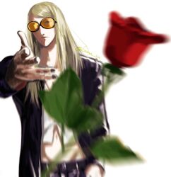  1boy black_jacket black_nails blonde_hair fate/grand_order fate_(series) flower hand_in_pocket highres jacket koma_su long_hair looking_at_viewer male_focus meme motion_blur navel open_clothes open_jacket orange-tinted_eyewear red_flower red_rose rose shirt simple_background solo sunglasses tezcatlipoca_(fate) throwing tinted_eyewear tossing upper_body white_background white_shirt woe_plague_be_upon_ye_(meme) 