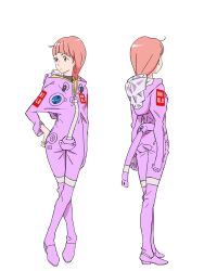  2girls anime_coloring back blunt_bangs breasts brown_eyes chikyuugai_shounen_shoujo collared_shirt crossed_ankles from_behind full_body grey_shirt hand_on_own_hip highres jumpsuit long_hair looking_to_the_side low_ponytail medium_breasts multiple_girls multiple_views nasa_houston official_art pink_hair pink_jumpsuit ponytail shirt simple_background spacesuit standing tareme transparent_background yoshida_ken&#039;ichi 
