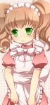  3: apron brown_hair green_eyes kosumo maid maid_headdress no_nose original polka_dot polka_dot_background short_hair solo twintails 