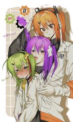  3girls a.i._voice adachi_rei black_eyes blush chaun_meguri closed_mouth green_hair highres hirune_(suiminbusoku118) jacket long_hair long_sleeves looking_at_viewer multiple_girls open_mouth orange_eyes orange_hair original purple_hair tsukumo_shion upper_body utau violet_eyes white_jacket 
