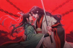  2boys angry arm_around_waist backlighting black_hair black_hanfu black_nails blood blood_on_hands chain chinese_clothes cowboy_shot curtained_hair face-to-face fingernails floating_clothes floating_hair furrowed_brow glowing glowing_eyes green_eyes green_hanfu hair_between_eyes hair_bun half_updo hanfu highres holding holding_sword holding_weapon long_hair long_sleeves looking_at_viewer luo_binghe male_focus multiple_boys open_mouth parted_bangs red_background red_eyes red_hanfu red_light renzha_fanpai_zijiu_xitong ribboned_xiao_guan sharp_fingernails shen_qingqiu sidelocks siliceb single_hair_bun smile smirk sword v-shaped_eyebrows wavy_hair weapon wide_sleeves wolf_cut 