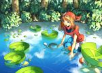  1girl bandana blue_eyes brown_hair creature haruka_(pokemon) kneeling lily_pad lombre lotad mudkip nature open_mouth partially_submerged pokemon pokemon_(creature) pokemon_(game) pokemon_rse skyloop19 tree trees water watering_can 
