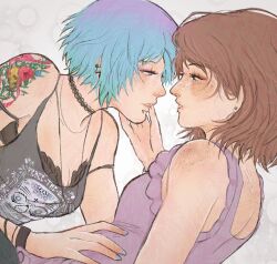  2girls arm_tattoo black_bra black_choker black_tank_top blue_hair blue_nails bra bra_peek brown_hair ch3m1calm3m0r13 chloe_price choker freckles grey_background highres lace lace_choker life_is_strange_(series) life_is_strange_1 looking_at_another max_caulfield multiple_girls purple_shirt shirt short_hair sleeveless sleeveless_shirt tank_top tattoo underwear yuri 