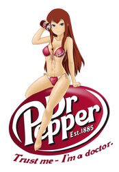  1girl bikini blue_eyes breasts brown_hair dr_pepper drawfag dripping highres long_hair makise_kurisu mound_of_venus pouring product_placement revision side-tie_bikini solo steins;gate swimsuit transparent_background 