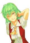  and ascot blush bust green_hair hand_in_hair kazami_yuuka red_eyes shirt simple_background smile solo touhou vest wink youkai 