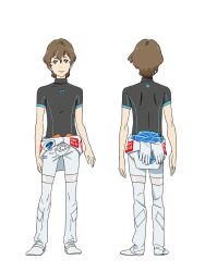  2boys anime_coloring back blue_eyes brown_hair chikyuugai_shounen_shoujo closed_mouth collared_shirt from_behind full_body grey_shirt hair_between_eyes highres jumpsuit looking_at_viewer multiple_boys multiple_views official_art shirt short_hair short_sleeves simple_background smile spacesuit standing transparent_background tsukuba_taiyou white_jumpsuit yoshida_ken&#039;ichi 