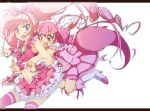  bike_shorts blue_eyes brooch chantilly color_connection cure_happy cure_melody heart hoshizora_miyuki houjou_hibiki jewelry letterboxed long_hair magical_girl midriff multiple_girls navel pink_eyes pink_hair pink_legwear precure skirt smile_precure! suite_precure thigh-highs thighhighs tiara white_background 