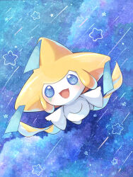  :d appyon_(archangel_ayp) blue_background blue_eyes commentary_request highres jirachi looking_at_viewer no_humans open_mouth pokemon pokemon_(creature) pokemon_focus smile solo star_(symbol) 