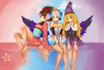  3girls anonymous_drawfag bare_shoulders barefoot blonde_hair blue_eyes brown_hair choker company_connection crossover crown drawfag grimgrimoire gwendolyn hair_up hat highres japanese_clothes kimono lillet_blan long_hair momohime multiple_girls nippon_ichi oboro_muramasa odin_sphere purple_eyes short_hair short_kimono skirt updo vanillaware violet_eyes white_hair wings witch wizard_hat 