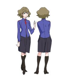  2girls anime_coloring back blue_eyes blue_shirt boots brown_boots chikyuugai_shounen_shoujo closed_mouth collared_shirt from_behind full_body green_hair grey_shorts hand_up highres lips long_sleeves looking_at_viewer multiple_girls multiple_views nobeyama_(chikyuugai) official_art open_hand shirt short_hair shorts sidelocks simple_background standing transparent_background untucked_shirt yoshida_ken&#039;ichi 