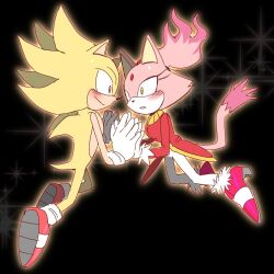  1boy 1girl black_background blaze_the_cat burning_blaze forehead_jewel furry furry_female furry_male gloves highres jacket pink_fur pink_shoes ponytail red_jacket red_shoes shoes simple_background sketch sonic_(series) sonic_rush sonic_the_hedgehog super_sonic white_gloves yellow_fur yeonwu08 
