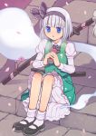  blue_eyes can dress hairband highres hitodama holding konpaku_youmu konpaku_youmu_(ghost) kurarin mary_janes petals scabbard sheath shoes silver_hair sitting solo stairs touhou wind 