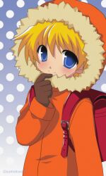 1boy 2000s_(style) absurdres animification backpack bag blonde_hair blue_eyes blush child commentary dotted_background fur-trimmed_hood fur_trim gloves hand_up highres hood hood_up jacket kenny_mccormick long_sleeves looking_at_viewer male_child male_focus parka polka_dot polka_dot_background randoseru satokocel simple_background smile solo south_park