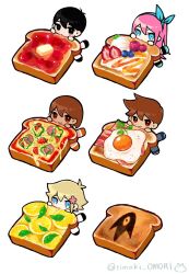  1girl 4boys antenna_hair aubrey_(faraway)_(omori) aubrey_(omori) bacon basil_(faraway)_(omori) basil_(omori) bell_pepper black_eyes black_hair black_shoes black_socks blonde_hair blue_eyes blue_hairband blueberry bread bread_slice bright_pupils brothers brown_eyes brown_hair cheese chibi chibi_only closed_mouth commentary dark-skinned_male dark_skin double-parted_bangs expressionless flower food fried_egg fried_egg_on_toast fruit full_body green_bell_pepper green_shoes hair_behind_ear hair_between_eyes hair_flower hair_ornament hairband hero_(faraway)_(omori) hero_(omori) highres jam kel_(faraway)_(omori) kel_(omori) kneehighs leaf lemon lemon_slice long_hair looking_at_viewer multiple_boys omori orange_shoes pepperoni pink_flower pink_hair raspberry shoes short_hair siblings simple_background smile socks something_(omori) spoilers strawberry strawberry_slice sunny_(omori) symbol-only_commentary timaki toast tomato_sauce twitter_username v-shaped_eyebrows very_short_hair white_background white_pupils white_socks 