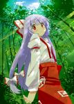  bamboo blush bow cloud forest fujiwara_no_mokou hair_bow highres ibaba long_hair nature red_eyes shirt silver_hair sky solo suspenders touhou very_long_hair 