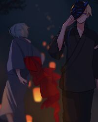  2boys alternate_costume back_bow black_kimono blonde_hair blue_eyes blue_hair bow commentary_request cowboy_shot fox_mask grey_kimono japanese_clothes kimono lantern looking_at_viewer male_focus mask mask_on_head multiple_boys outdoors paper_lantern ragnarok_online red_bow royal_guard_(ragnarok_online) short_hair soul_linker_(ragnarok_online) standing wane_(ruki) 